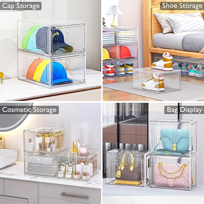 Hoogtecly 4 Pack Shoe Storage Bins, Thicken & Sturdy Clear Shoe Storage Organizer with Magnetic Door, Stackable Boxes for Closet, Foldable Space-Saving Shoe Rack for Sneaker Boot Container