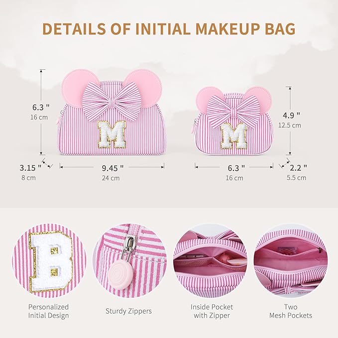 Christmas Gifts for Kids, Personalized Initial Makeup Bag Birthday Gifts for 2 3 4 5 6 7 Years Old Girl Kids Pink Initial Cosmetic Travel Toiletry Bag for Girls Sister Daughter Pink I