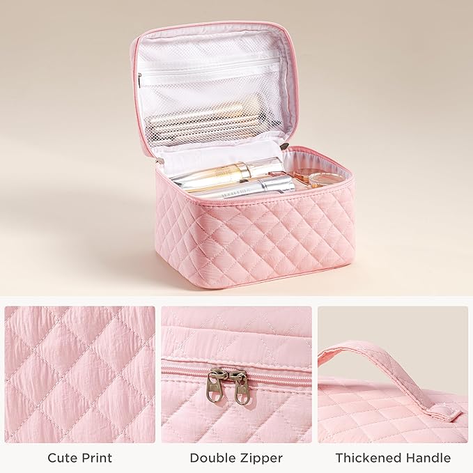 HBselect Quilted Makeup Bag, 3PCS Cotton Large Travel Makeup Bag, Cute Floral Coquette Make up Bag Cosmetic Bag Toiletry Bag for Women Girls
