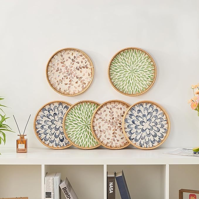 Round Rattan Tray for Home Decor 11.8 inch, Modern and Boho Decor Serving Tray with Mother of Pearl Inlay, Wicker Basket for Coffee Table, Hand Woven Decorative Tray Plates (Green)