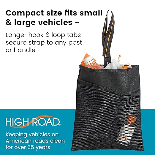 High Road Small Hanging Car Trash Bag with Waterproof Liner, Storage Pocket and Adjustable Strap - Hangs from Handles or Headrest Posts Without Taking Up Legroom