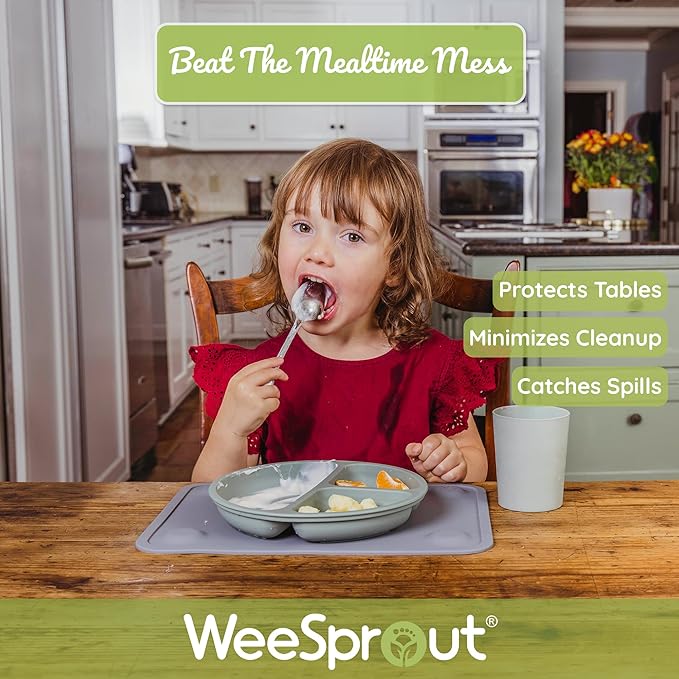 WeeSprout Silicone Suction Placemats for Babies, Toddlers & Kids, Durable Food Grade Silicone With Non-Slip Suction, Dishwasher Safe, for Dining Table & Restaurants + Travel Case, 2 Pack