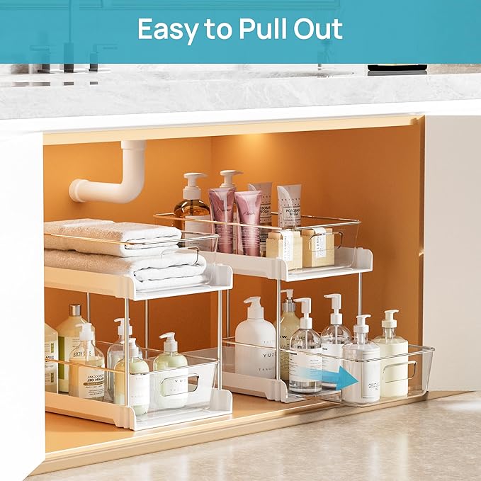 Vtopmart 2 Pack Bathroom Organizer, 2 Tier White Under Sink Organizers Vanity Countertop Storage Container, Cabinet Drawers Bins, Pull-Out Organization with Track for Pantry, Kitchen