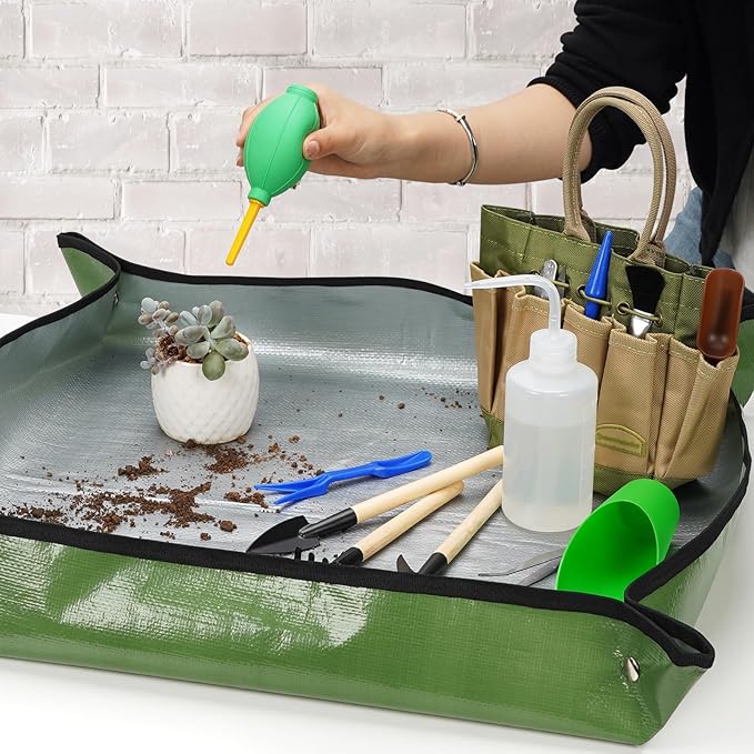 Succulent Tools Kit with Organizer Bag- 13Pcs Indoor Gardening Tools |Mini Succulent Hand Tools with Tote, Succulent Transplanting Supplies, Present for Gardeners Plant Care (Green)