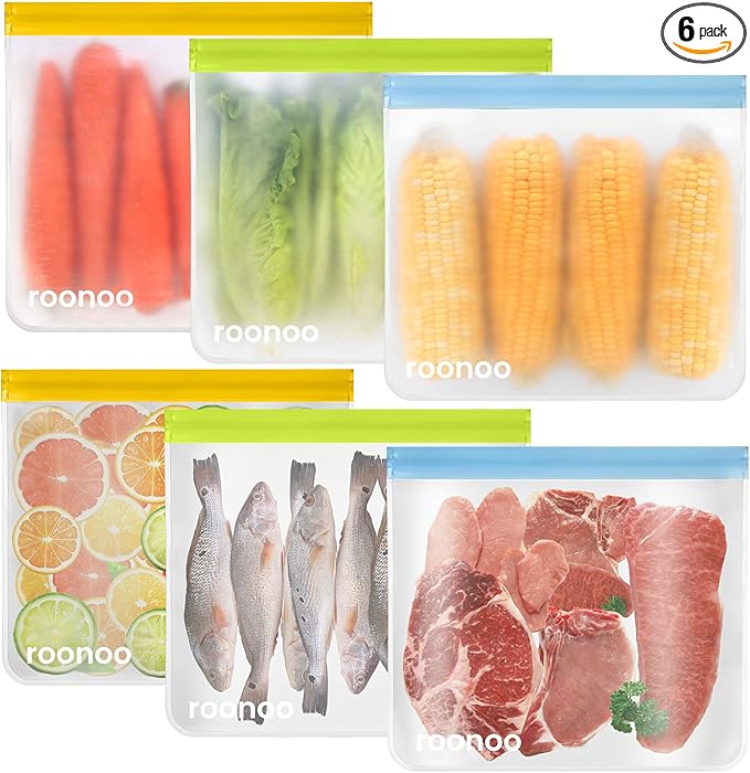 6 Pack Dishwasher Safe Reusable Gallon Freezer Bags Food Storage Bags, Extra Thick Leakproof Silicone & Plastic Free Ziplock Bags for Meal Prep, Fruits, Sandwich, Snack, Travel Items