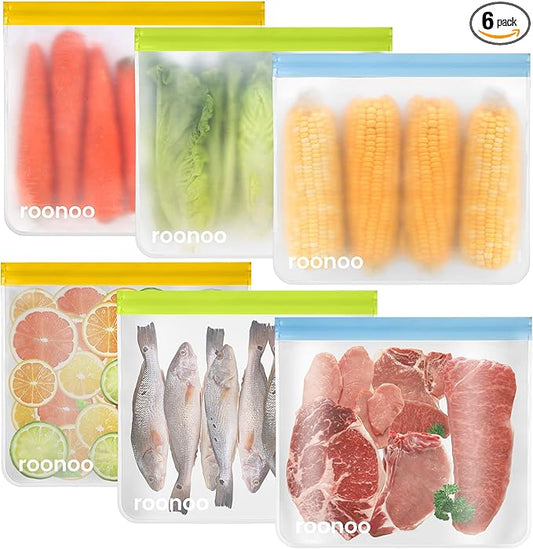 6 Pack Dishwasher Safe Reusable Gallon Freezer Bags Food Storage Bags, Extra Thick Leakproof Silicone & Plastic Free Ziplock Bags for Meal Prep, Fruits, Sandwich, Snack, Travel Items