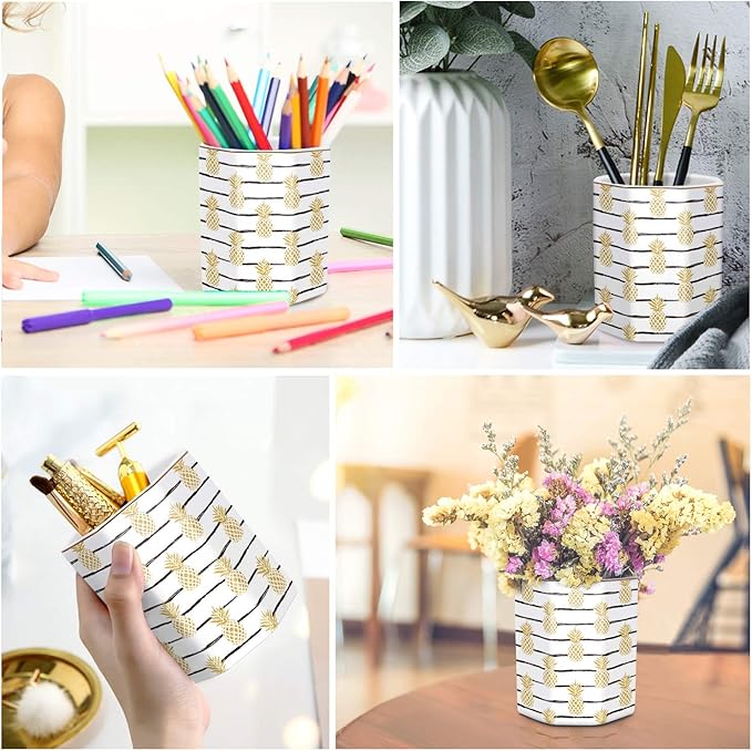 WAVEYU Pen Holder, Pencil Holder for Desk Pineapple Pattern Pencil Cup for Girls Kids Durable Ceramic Desk Organizer Makeup Brush Holder for Office, Classroom, Home, Yellow Pineapple