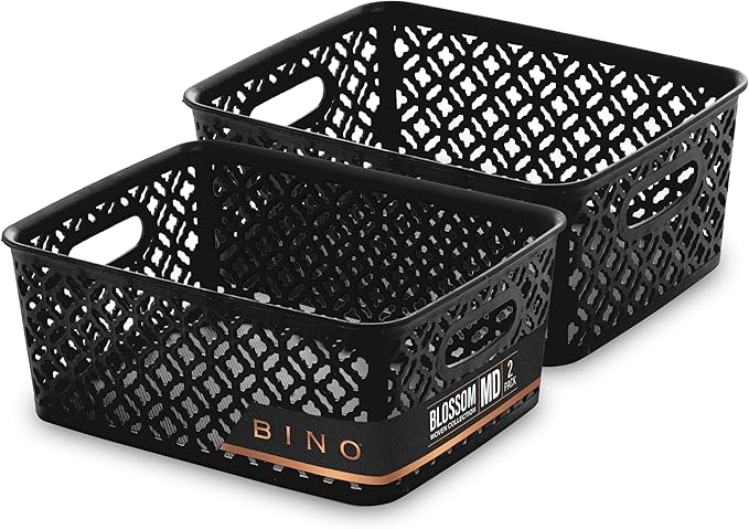 BINO l Plastic Storage Baskets, Medium - Black | THE BLOSSOM COLLECTION l Multi-Use Organizer Bin l Built-in Handles l Plastic Woven Basket for Organizing l Pantry & Home Organizing Basket