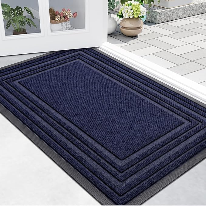Buganda Front Door Mat Indoor Outdoor Entrance, Non-Slip Natural Rubber Doormats, Easy Clean, Low Profile, Dirt Trapper Entryway Floor Mats for Outside, Garages and Patios, 36x24, Navy