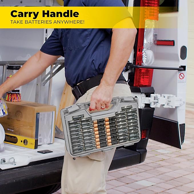Battery Daddy Storage & Organizer Case w/Tester, Stores & Protects Up to 180 Batteries, Double-Sided, Clear Locking Lid, Secure Latches & Portable Carrying Handle- Warm Grey (Batteries Not Included)