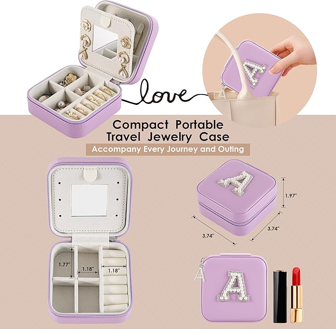 Travel Jewelry Case, Small Jewelry Box Organizer with Personalized Initials, Gifts for Girl Women, Wife Girlfriend Daughter Niece, Bridesmaid Gifts, Birthday