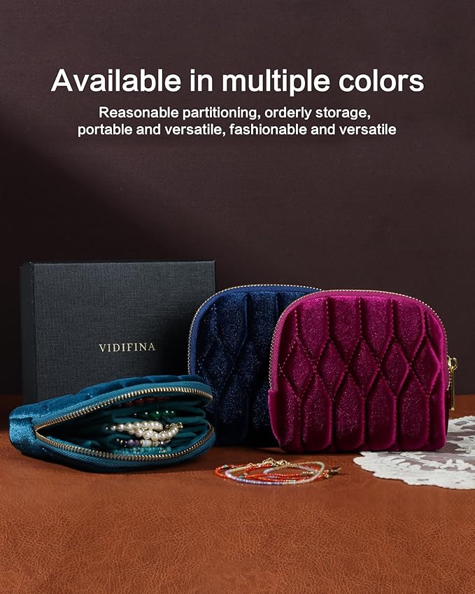 Small Travel Jewelry Case, Mini Travel Jewelry Bag with Zipper, 5-Layer Velvet Organizer Pouch for Bracelet Rings Earrings - Diamond Stitched Velvet Navy Blue