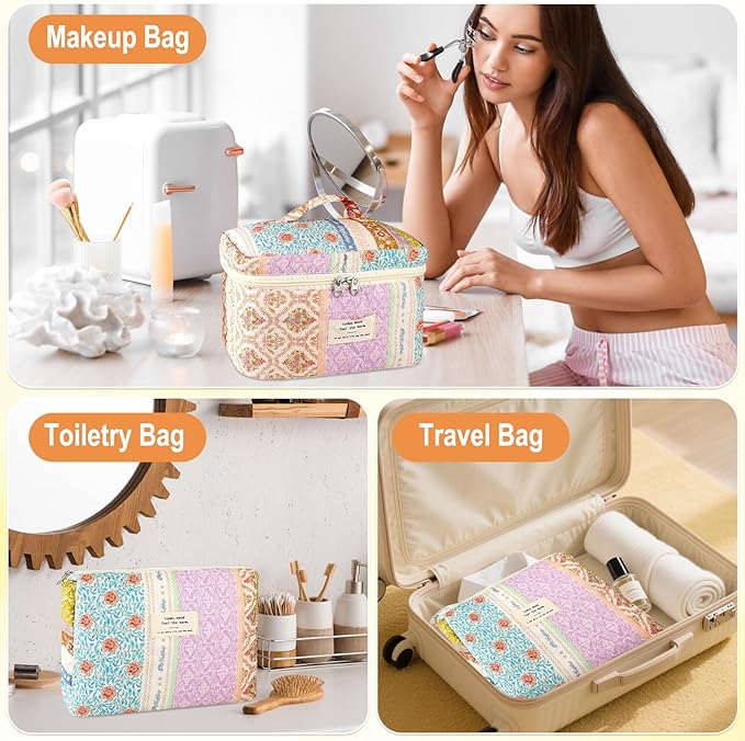 3Pc Cotton Quilted Makeup Bags for Women Large Small Coquette Floral Travel Cosmetic Bag Set Aesthetic Cute Flower Makeup Pouch Portable Toiletry Bag Puffy Essential Storage Organizer Bag