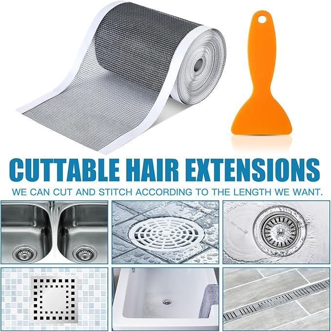 1 Pack 4 Inch x 33 ft Linear Shower Drain Hair Catcher Screen Disposable Adhesive Cutable Mesh Shower Drain Cover Stickers for Linear DIY Floor with Removal Tool for Bathroom Kitchen Bathtub