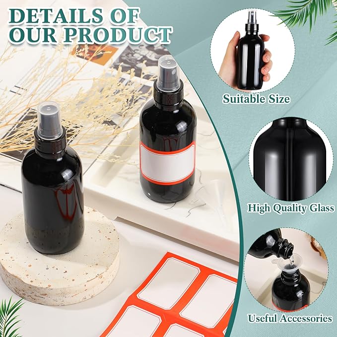Fumete 2 Pack Glass Bottles 4oz Empty Refillable Liquid Containers with 1 Label 1 Funnel for Essential Oils Hair Travel Plants Cleaning Skin Care(Black, Black Top,Mist Bottle)
