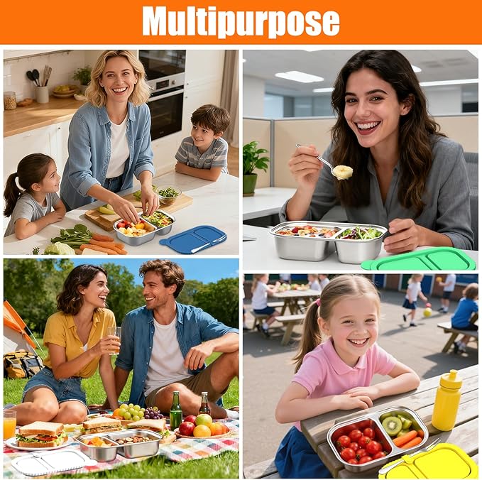 Stainless Steel Snack Containers with Silicone Lids, 4 Pack Reusable 2-Compartment Food Storage Containers, Snackle Box Container, Leak-Proof Metal Bento Lunch Box for School, Travel, Home