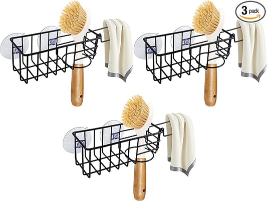 Sponge Holder with Dish Cloth Hanger for Kitchen Sink, In-sink Caddy Organizer with Suction Cups & Adhesive Strips, Rustproof Sponge Rack for Soap, Brush, Scrubber - Black（3 Pack）