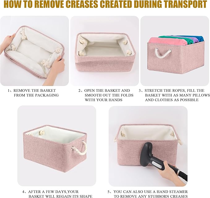 Storage Bins with Sturdy Cotton Handles(1 Pack), Fabric Storage Baskets for Organizing use for Office & Home, Book, Clothes, Toys, Closet Boxes (Large, Pink, 15.7x11.8x7.9 inches)