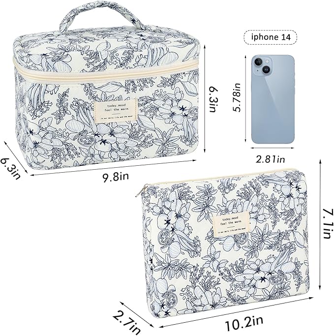 2Pcs Cotton Quilted Makeup Bag for Women Girls Floral Travel Large Small Cosmetic Bag Set Cute Vintage Flower Makeup Pouch Portable Toiletry Bag Organizer Coquette Aesthetic Makeup Brush Bag