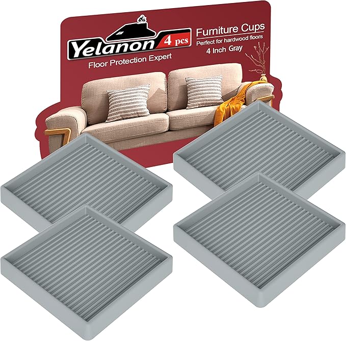 Yelanon Furniture Coasters, 4 Pcs 4” Furniture Caster Cups - Non-Slip Pads for Hardwood Floors - Non-Skid Furniture Grippers, Rubber Furniture Feet, Anti-Slide Floor Protector for Bed Couch Stoppers