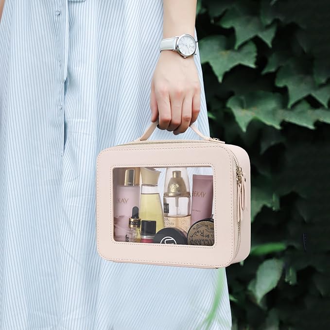 Pinkmik Clear Makeup Bag with Brush Bag Portable Cosmetic Bag Case Travel Toiletry Bag Car Essential for Women (Beige, L+SLIM)