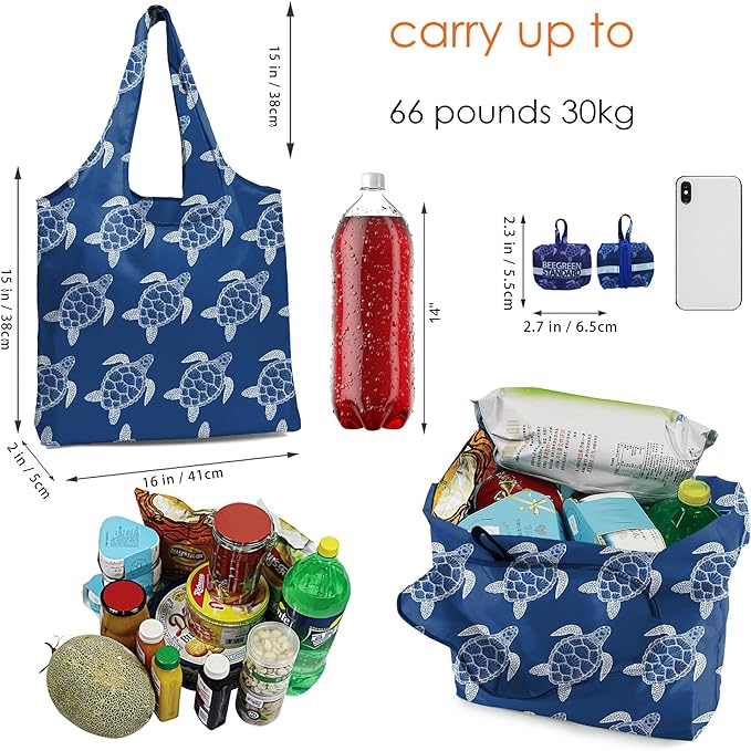 BeeGreen Turtle Ultimate Large Capacity Tote Bag - Reusable Grocery Shopping Bag - Beach Foldable Compact Portable Machine Washable