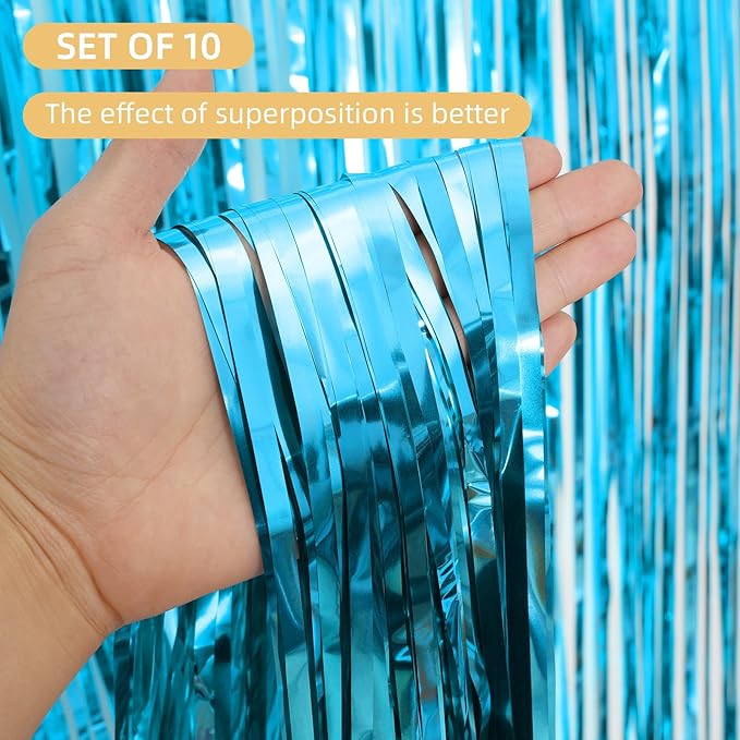 10 Pack Teal Blue Backdrop Curtain 3.2ft x 8.2ft Metallic Tinsel Foil Fringe Curtains Photo Booth Background for Birthday Party Decoration Baby Shower Engagement Wedding Christmas Decoration