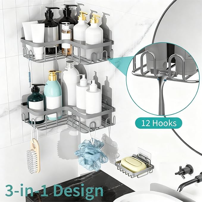 Moforoco Corner Shower Caddy Shelf Organizer Rack, Self Adhesive Black Bathroom Shelves Basket, Home Wall Shower Inside Organization and Storage Decor Rv Accessories, First Apartment Essentials (Grey)