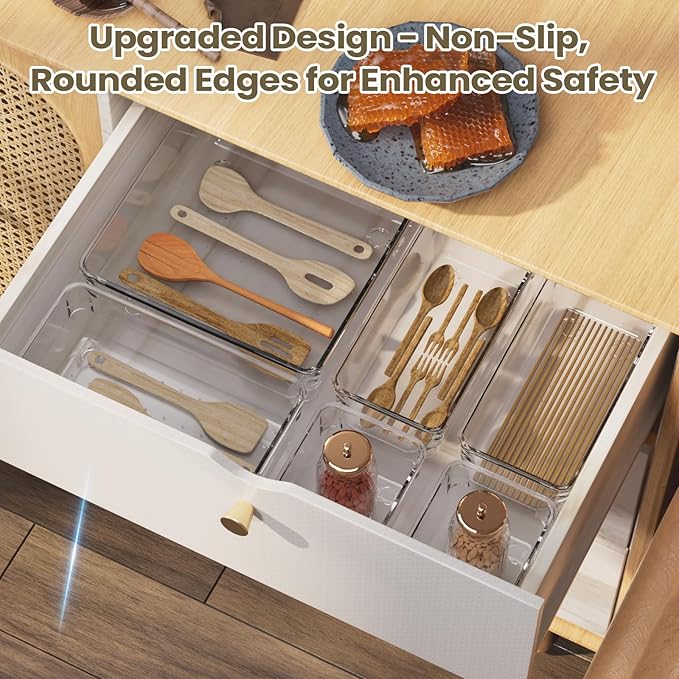 10 PCS Clear Plastic Drawer Organizer Set, 4 Sizes Acrylic Drawer Storage Trays Non Slip Storage Bins for Makeup, Jewelry, Gadgets for Kitchen, Bedroom, Bathroom, Office