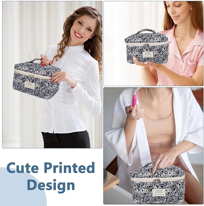 Large Makeup Bag, Cute Cosmetic Bag for Women Girls, Floral Coquette Aesthetic Toiletry Bag, Travel Make Up Organizer Bag (Black Rose Flower)