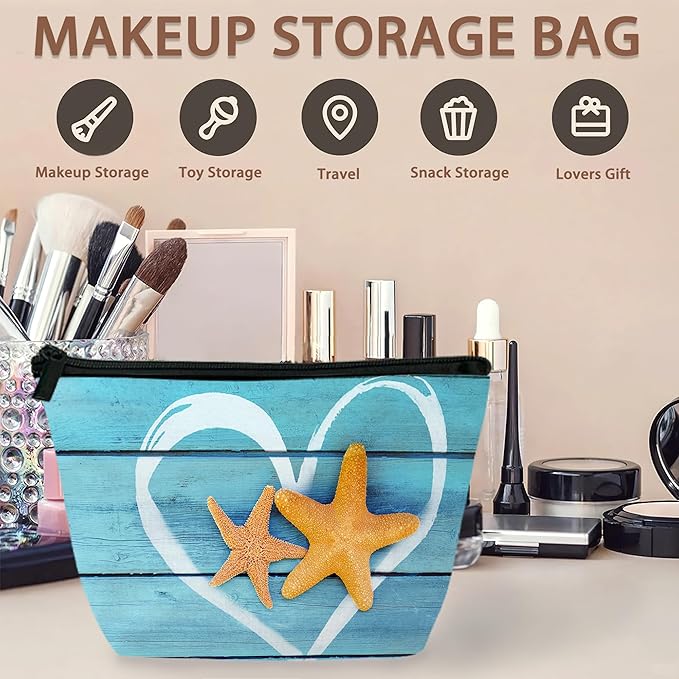 Beach Starfish Cosmetic Bag Coastal Blue Wooden Makeup Bags,Travel Make up Bags for Women Girls Cute Zipper Pouch Toiletry Organizer Bag Travel Essentials