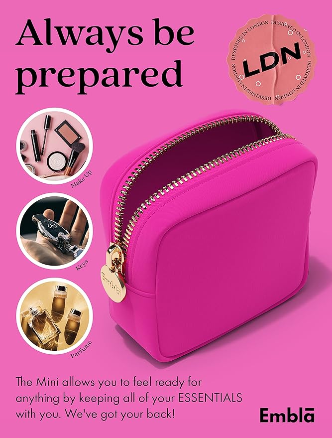 Embla Makeup Bag Travel Cosmetics Pouch and Toiletry Bag, Nylon Zipper Pouch Purse, Cute Make Up Organizer Storage Tote for Women Girls, Waterproof Travel Skincare Case, Small Makeup Bags, Fuchsia