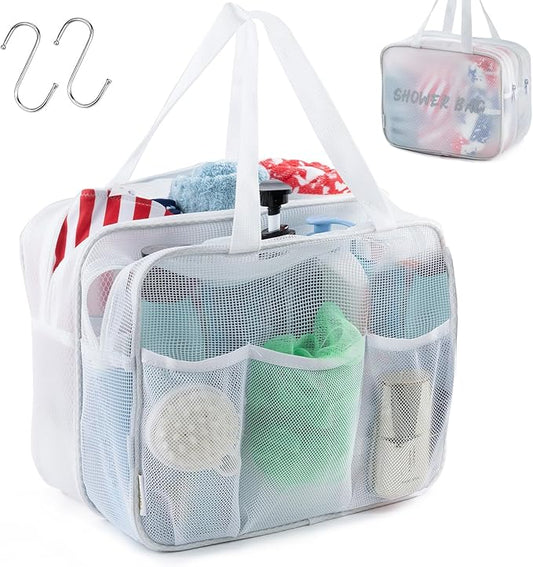 Large Mesh Shower Caddy with Wet & Dry Zones – Portable Hanging Toiletry Bag for College Dorm Room Essentials, Travel, Gym, Camping, Beach Tote Bag – Quick-Dry Shower Tote Organizer