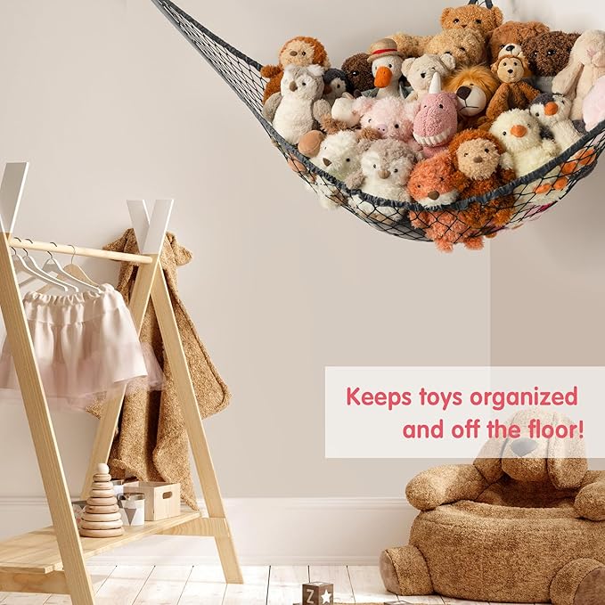 Stuffed Animal Storage Hammock Net Corner - Large Toy Hammock Net for Stuffed Animals Room Decor - Cute Stuff Animal Organizer Holder for Plush Plushie - Kids Baby Nursery Wall Bedroom Home Decor