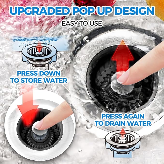 zaa Sink Drain Strainer - 3 in 1 Kitchen Sink Stopper, Stainless Steel Kitchen Drain Plug & Cover with Anti-Clogging Basket Strainer, Fit US Standard 3-1/2'' Sink Drain Hole, Brushed Black