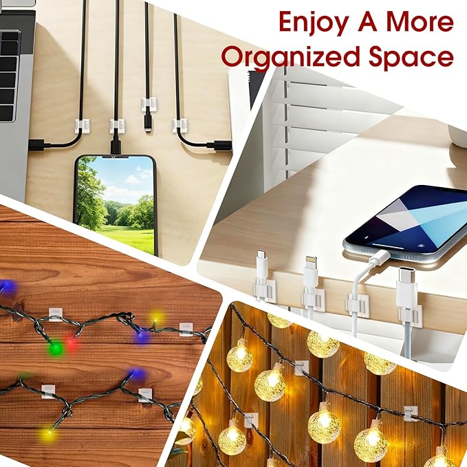 120PCS Heavy-Duty Adhesive Cable Clips, Clear Traceless Cord Organizer & Wire Holders for Wall, Desk, Car, LED Strips and Outdoor Lights (Small)