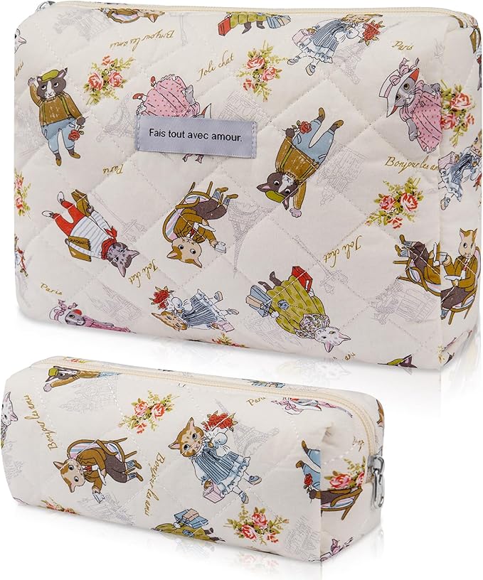 2PC Makeup Bag Set, Cute Cosmetic Bag for Women Girls, Floral Coquette Aesthetic Toiletry Bag, Travel Make Up Organizer Bag (Cat Print)