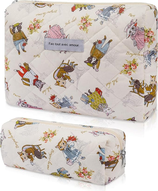 2PC Makeup Bag Set, Cute Cosmetic Bag for Women Girls, Floral Coquette Aesthetic Toiletry Bag, Travel Make Up Organizer Bag (Cat Print)