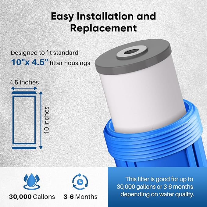 PUREPLUS 5 Micron 10" x 4.5" Whole House PP Sediment Carbon KDF Composite Heavy Metal Reduction Filter Cartridge for GE FXHTC,GXWH40L,GXWH35F,GNWH38S,Culligan RFC-BBSA,WRC25HD,Pentek RFC-BB,3Pack