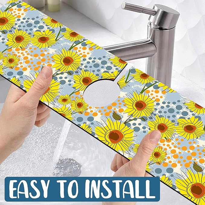 Watercolor Sunflowers Sink Splash Guard Faucet Mat Sunflowers Polka Dots Super Absorbent Fast Drying Mat Sink Gadgets-Splash Guard Behind Faucet Drip Catcher for Kitchen Bathroom, 23.5"x5.5"