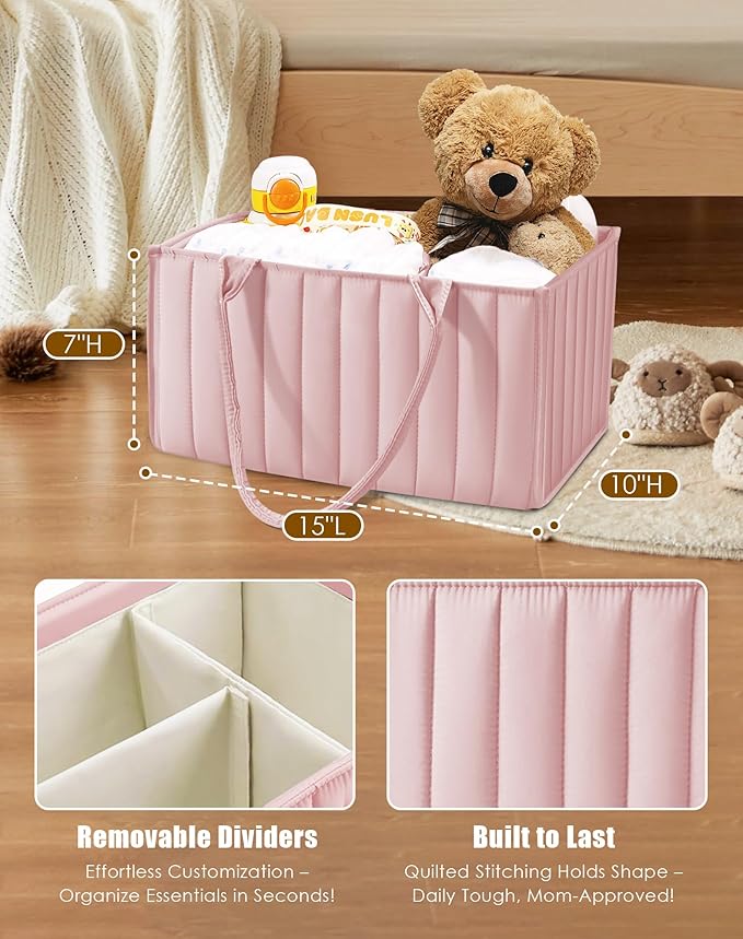 SWEET DOLPHIN 2-Pack Baby Diaper Caddy Organizers, Stylish Storage Baskets for Newborn Essentials, Diaper Station & Car Travel, Value Bundle for Baby Shower Gifts & Registry Must-Haves - Pink