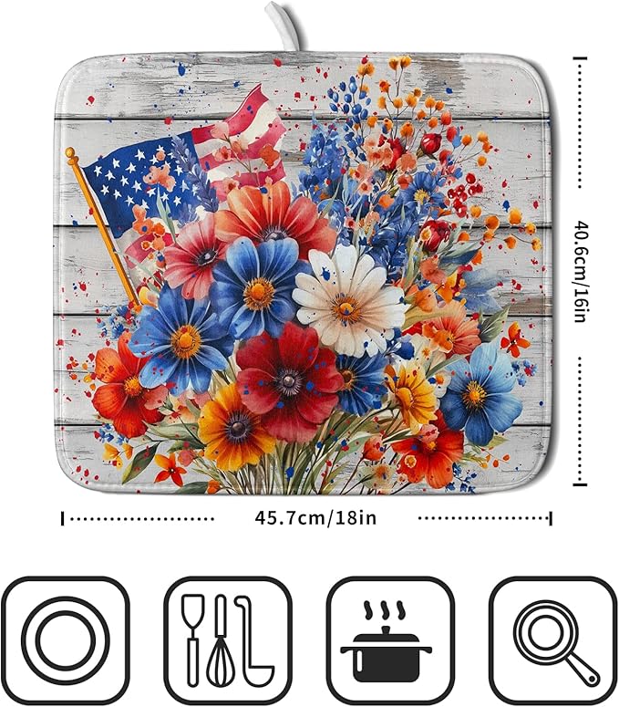 4th of July Dish Drying Mat 16x18 inch Patriotic Floral Fast Dry Microfiber Reversible Dish Drainer Rack Pad Kitchen Counter Accessories