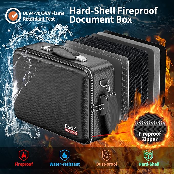 DocSafe Fireproof Document Box with Lock＆Shoulder Strap, Hard-Shell Case File Organizer with Accordion File Folder, Multi-Layer Portable Home Office Travel Safe Storage for Important Documents Laptop