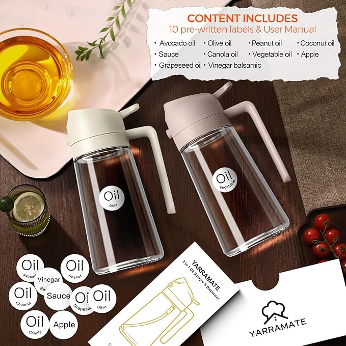 YARRAMATE 16oz/470ml Glass Olive Oil Sprayer for Cooking with Stickers, 2 in 1 Oil Dispenser for Kitchen Gadgets, Food Grade Premium Spray Bottle for Salad, Frying, BBQ (LotusRootPink)