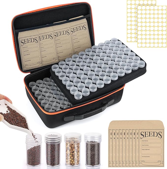 140 Slots Seed Organizer Storage Box with 20PCS Seed Envelopes, Premium Seed Containers for Various Sizes Vegetable and Flower Garden Seeds, Gardening Seed Keeper Set with Useful Accessories (Orange)