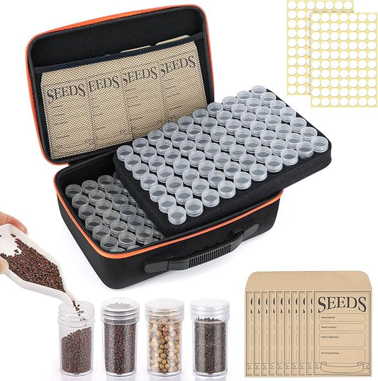 140 Slots Seed Organizer Storage Box with 20PCS Seed Envelopes, Premium Seed Containers for Various Sizes Vegetable and Flower Garden Seeds, Gardening Seed Keeper Set with Useful Accessories (Orange)