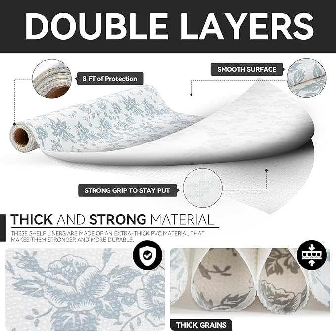 RAY STAR Shelf Liner, Non Adhesive Silver Floral Kitchen Cabinet Liner for Pantry Drawer Vanity, Non Slip, Shelf Liners for Kitchen Cabinets Cupboard 18 Inch x 8 FT (6 Rolls) Signature Delivery