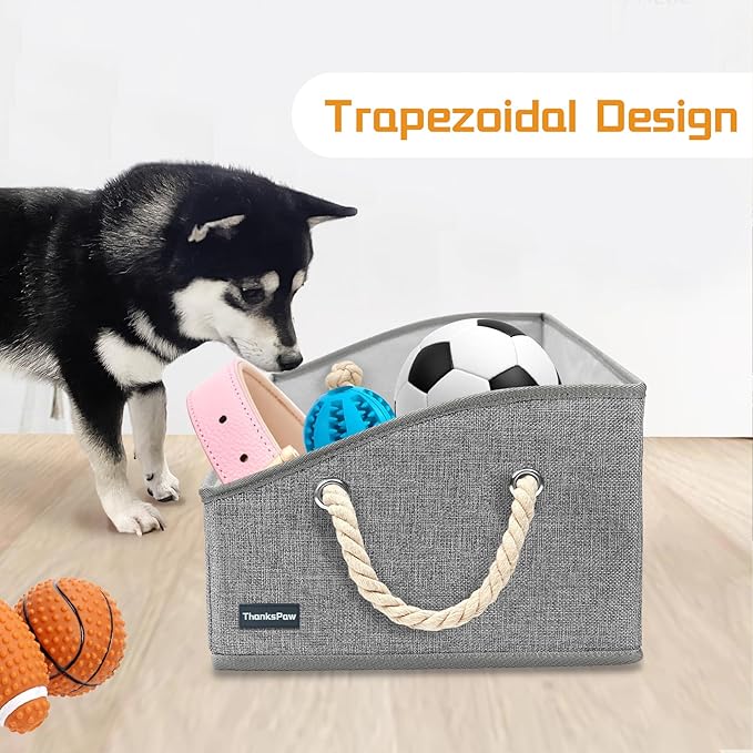 Collapsible Fabric Dog Toy Box and Storage Bin With Handle - Trapezoid Basket Chest Organizer for Pet Toys, Blankets and Accessories,Light Grey