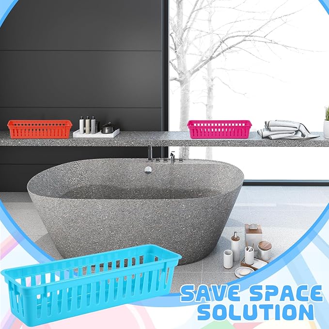 12 Pcs Colorful Slim Plastic Storage Baskets Tray 10 x 3 x 2.5 Inch Compact Stackable Desk Organizer for Office, Classroom, School Supplies, and Home Storage, Organization(Colorful)