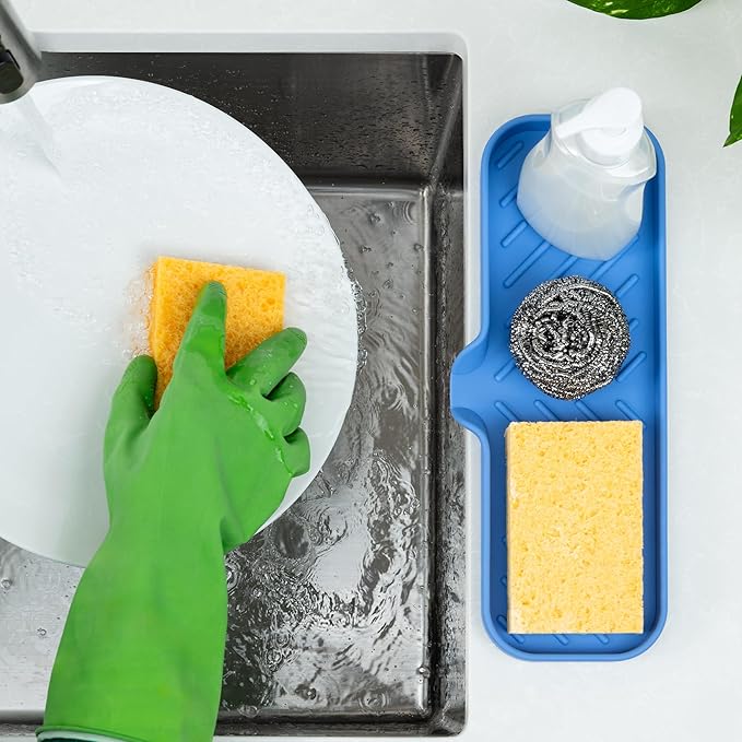 Zulay Kitchen Large Silicone Sponge Holder (12x4) – Flexible Sink Organizer Tray for Kitchen & Bathroom – Multipurpose Soap Dish for Sponges, Makeup, Trinkets & More (Provence Blue)